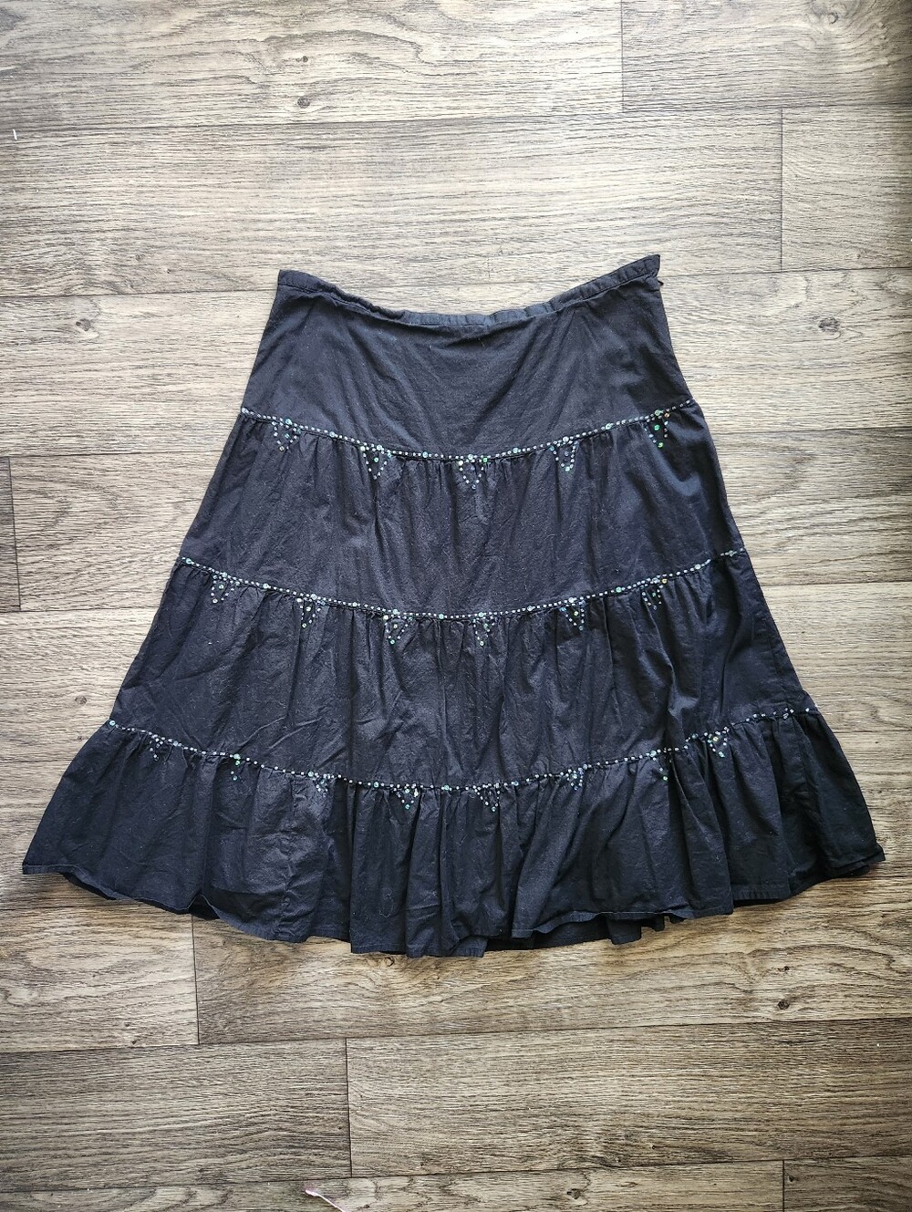 Vintage Y2K Eyeshadow Black Tiered Sequin Midi Cotton Skirt